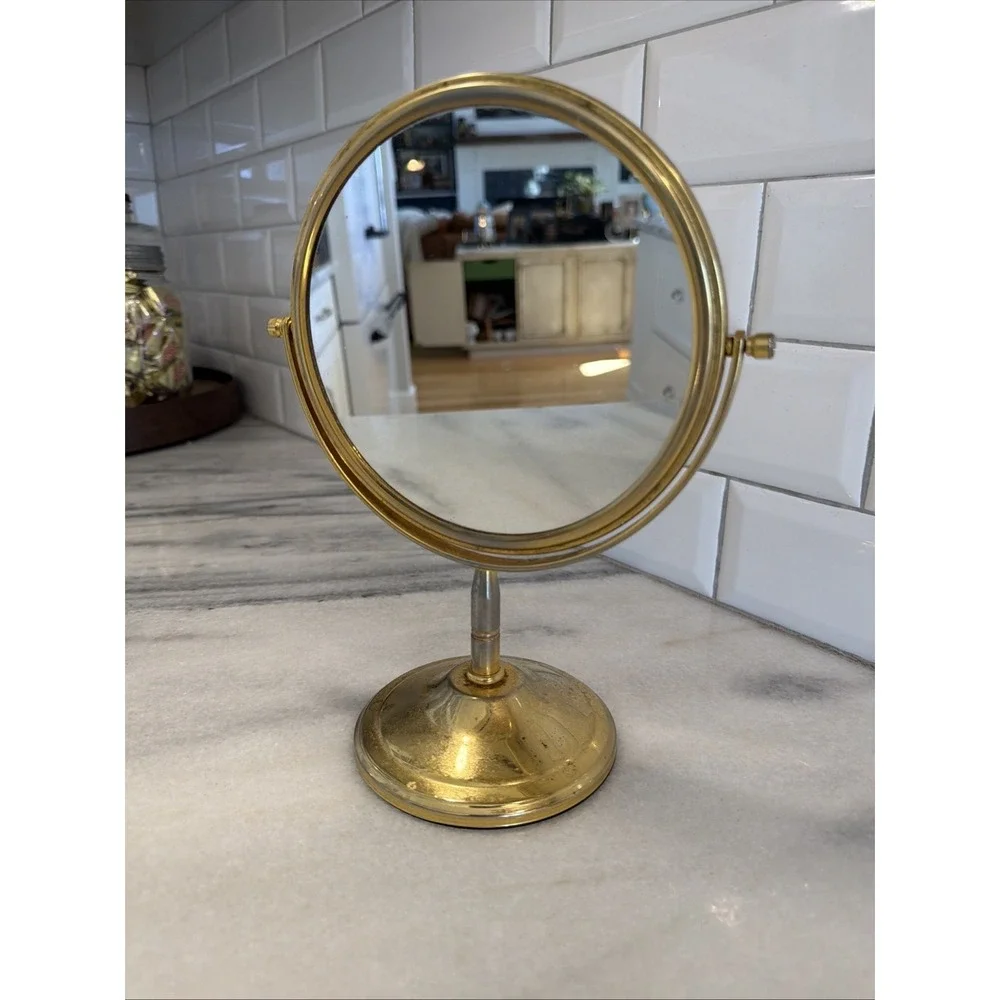 Vintage Shabby Brass Tone Vanity Double Mirror Round Magnification Side ES008